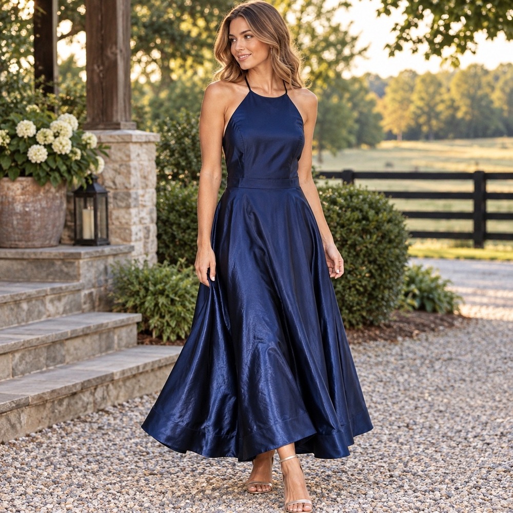 Sherri Hill Navy Blue Shimmer Halter A-Line Formal Gown Dress Size 20 Prom Gala